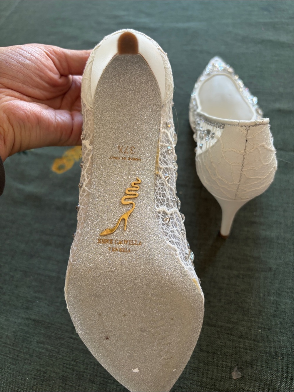 Rene Caovilla White Crystal Bridal Lace Pointed-Toe Stiletto Heels - Picture 5 of 6